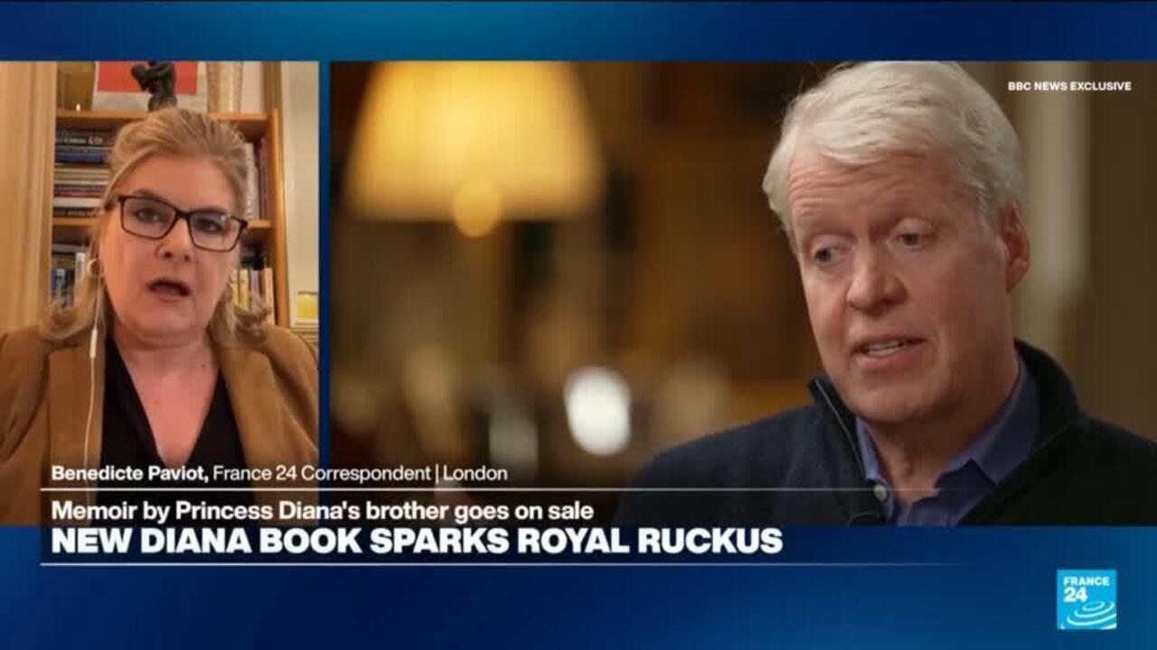 Split-screen television interview shows a woman correspondent and an older man discussing a news story.