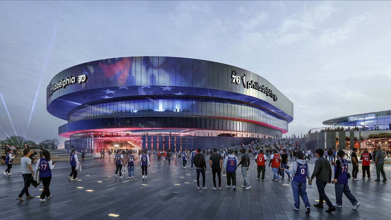 Crowds gather outside a futuristic Philadelphia 76ers arena beneath a cloudy evening sky.