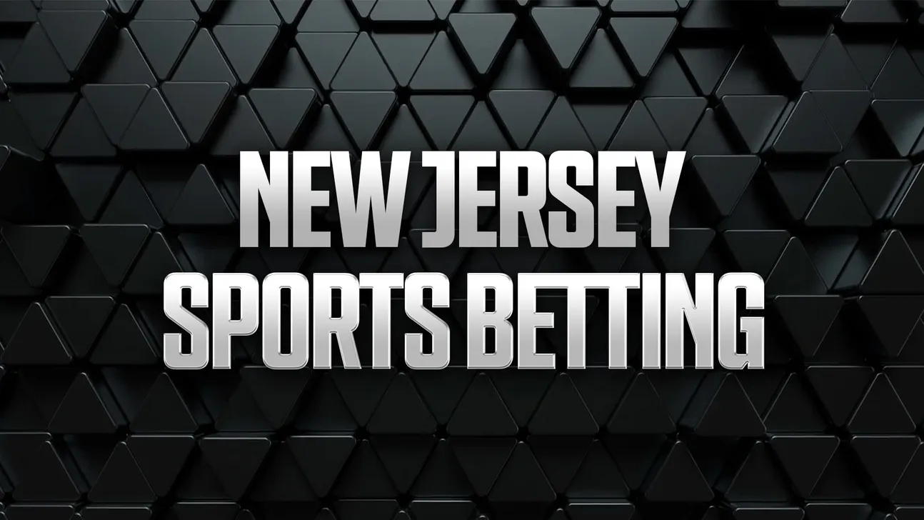 Metallic text reading “New Jersey Sports Betting” over a dark geometric tiled background.