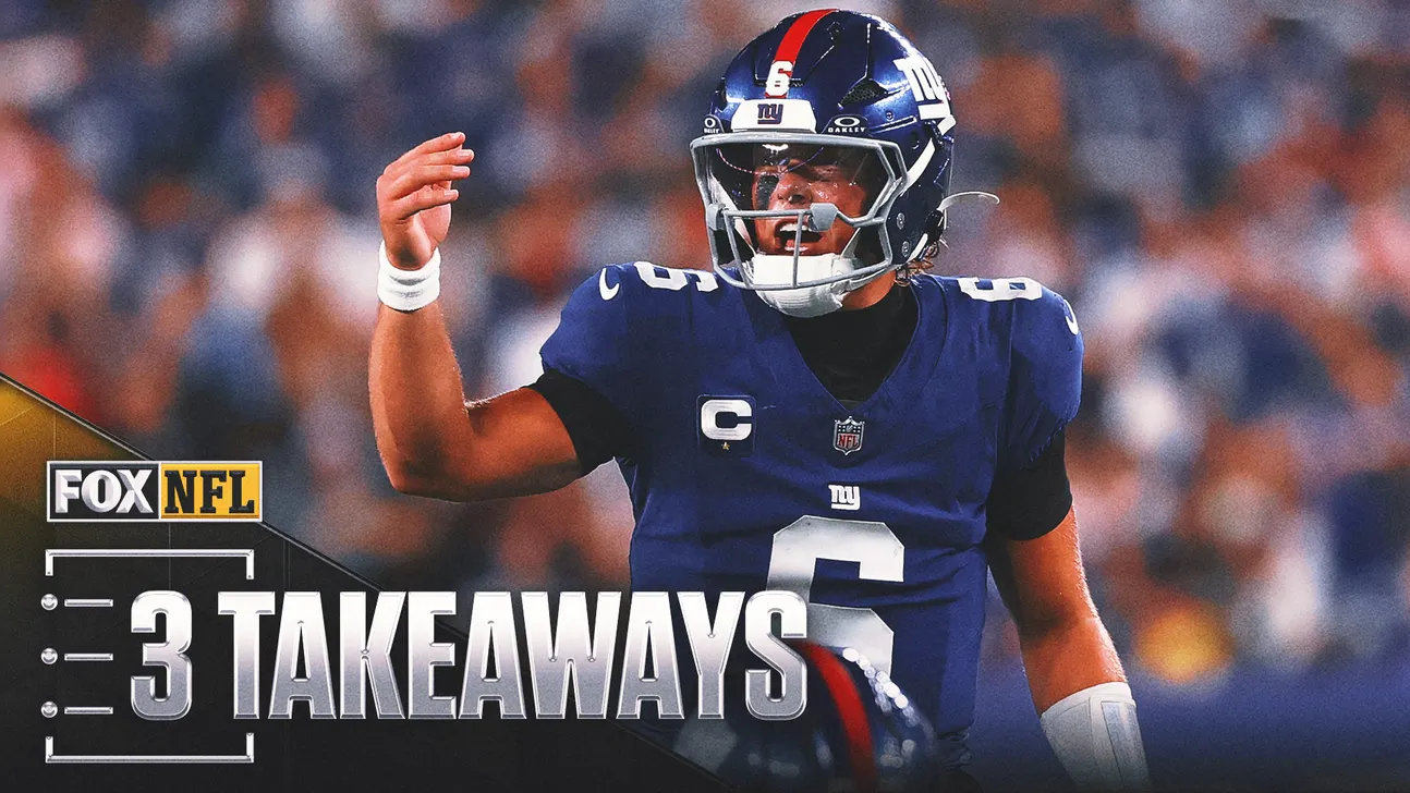 New York Giants quarterback in helmet and jersey raises his arm beside “3 Takeaways” graphic