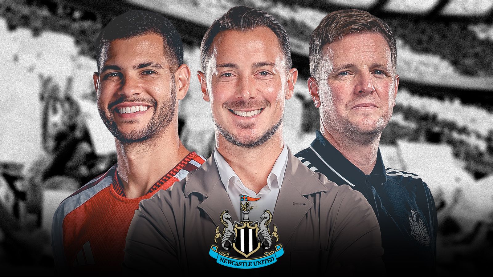 Three men posed together, with the Newcastle United crest prominently displayed in the foreground.