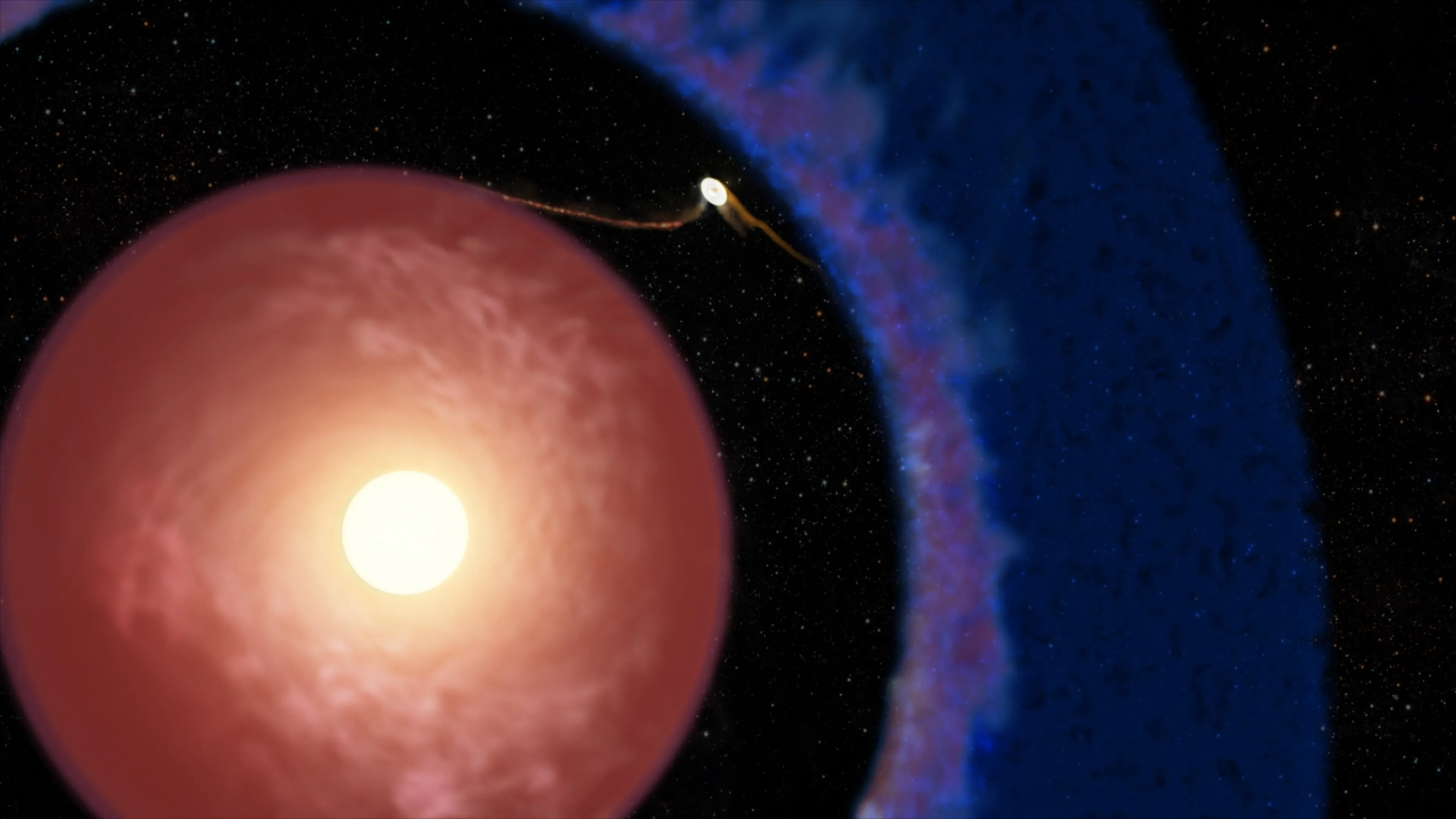 Illustration of a glowing reddish newborn planet beside a small star and blue cosmic cloud