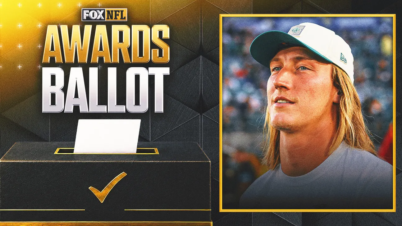 NFL Awards Ballot graphic beside a portrait of a long-haired football player wearing a white cap.