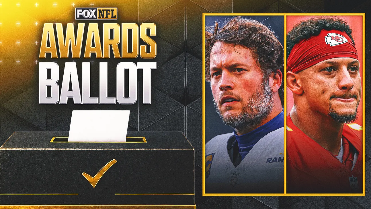 Graphic showing an awards ballot beside two NFL players, including Matthew Stafford and Patrick Mahomes.