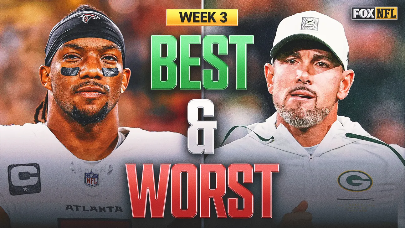 Falcons player and Packers coach pictured beside “Week 3 Best & Worst” NFL graphic.