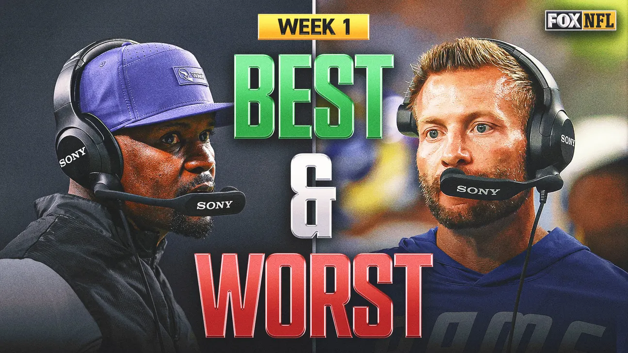 Two football coaches wearing headsets flank bold Best and Worst Week 1 graphics.