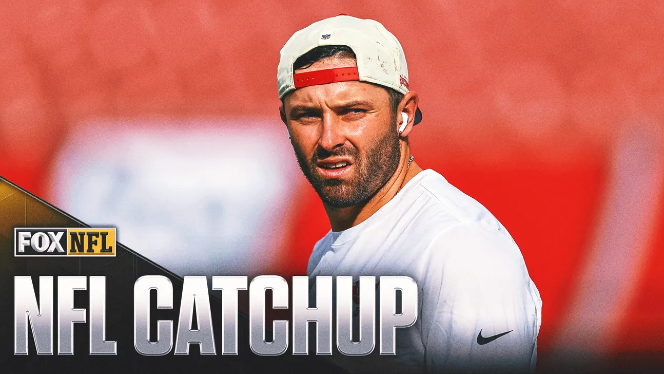 NFL player in white shirt and backward cap pictured against a red background