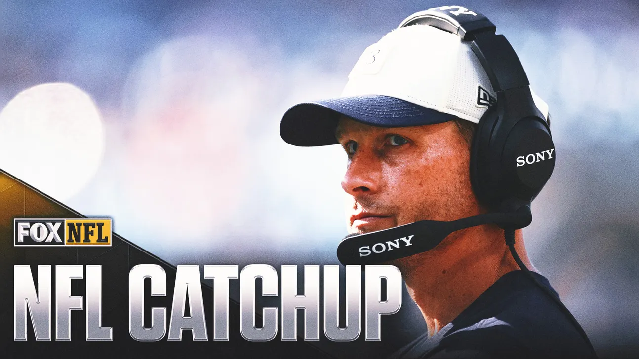 Football coach wearing a cap and headset beside FOX NFL Catchup graphics