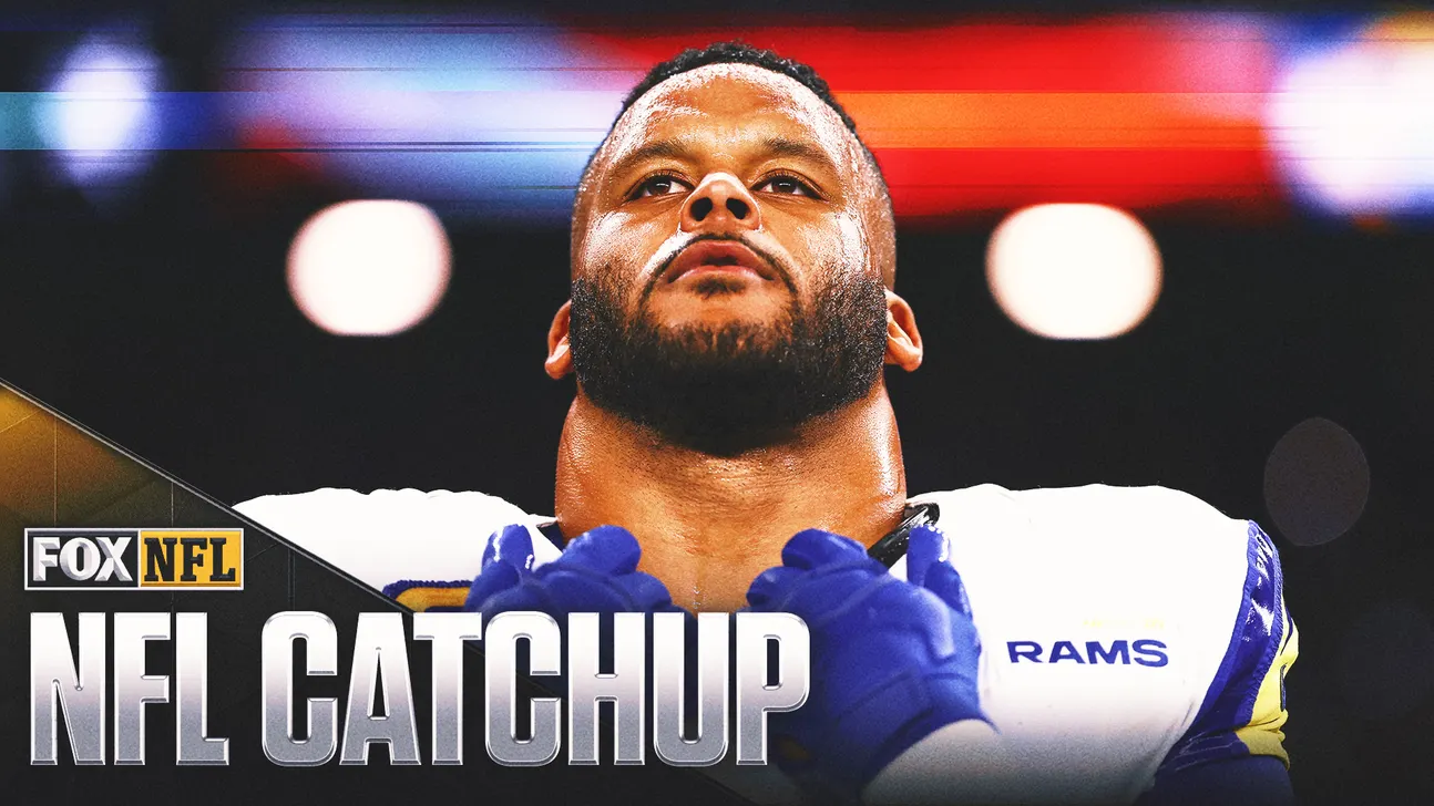 Rams football player wearing blue gloves and white uniform beneath NFL Catchup graphic