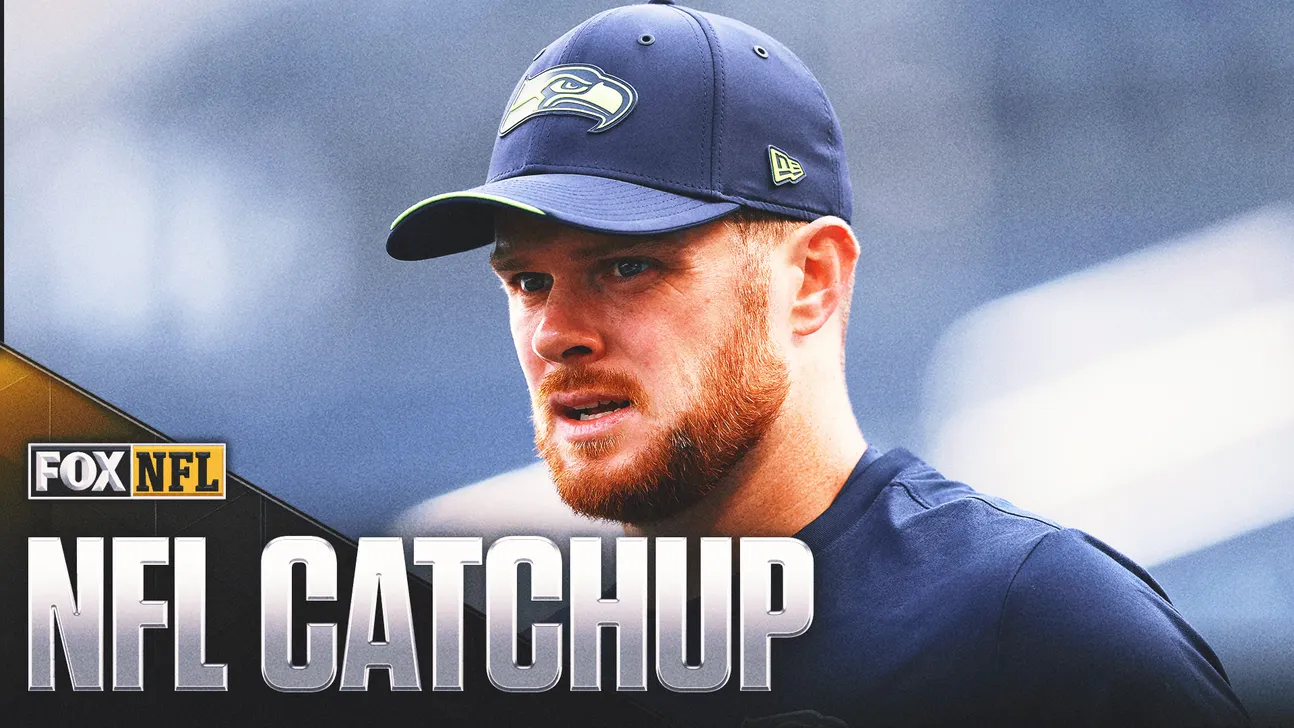 Bearded football player wearing a Seattle Seahawks cap beside large NFL Catchup text
