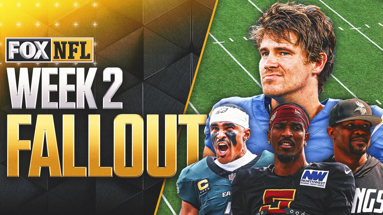 Graphic shows NFL Week 2 Fallout text with four football players against a football field background.