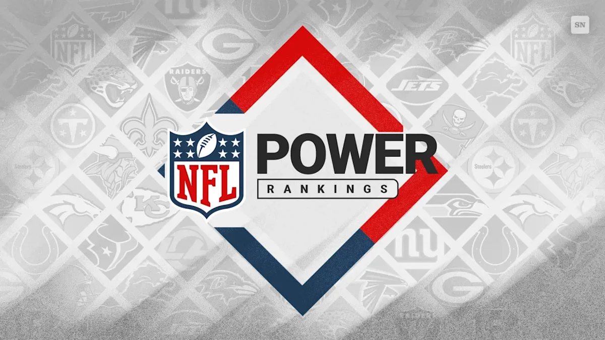 NFL Power Rankings graphic with league shield, bold title, and red-blue diamond over team logos.