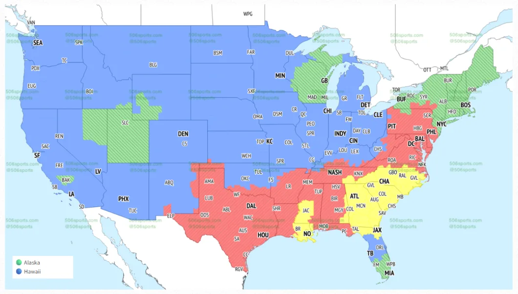 Color-coded United States map showing NFL television broadcast regions and station abbreviations.