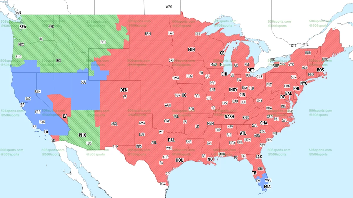 Color-coded United States map showing regional NFL Week 2 television coverage areas and station abbreviations.
