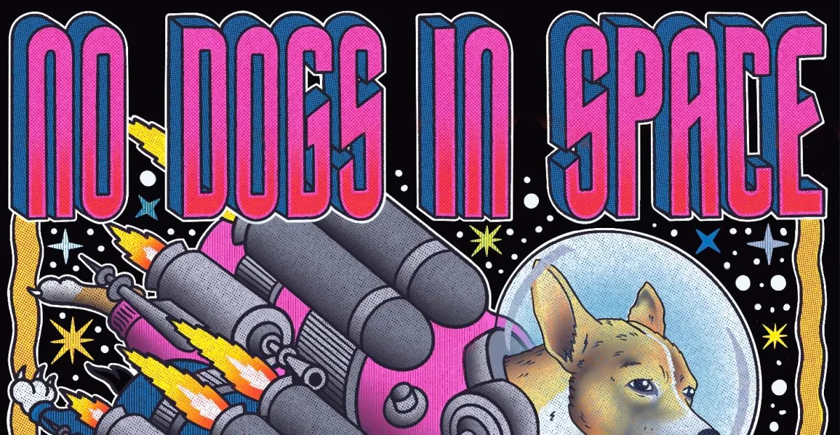 Retro comic-style artwork showing a dog in a space suit beneath bold pink and blue lettering.