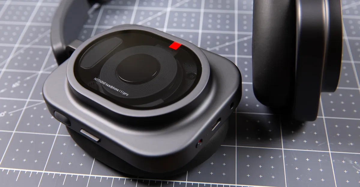 Black over-ear headphones beside a compact square audio device on a gridded cutting mat.