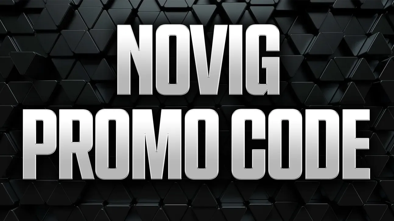 Novig promo code text over a dark geometric background