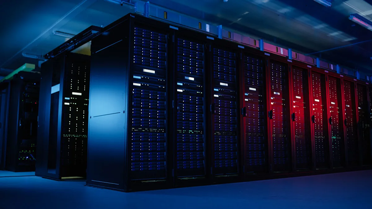 Rows of illuminated server racks in a dark data center, bathed in blue and red light.