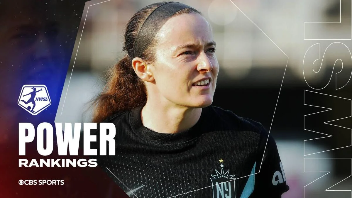 Soccer player in black jersey shown beside NWSL Power Rankings graphics