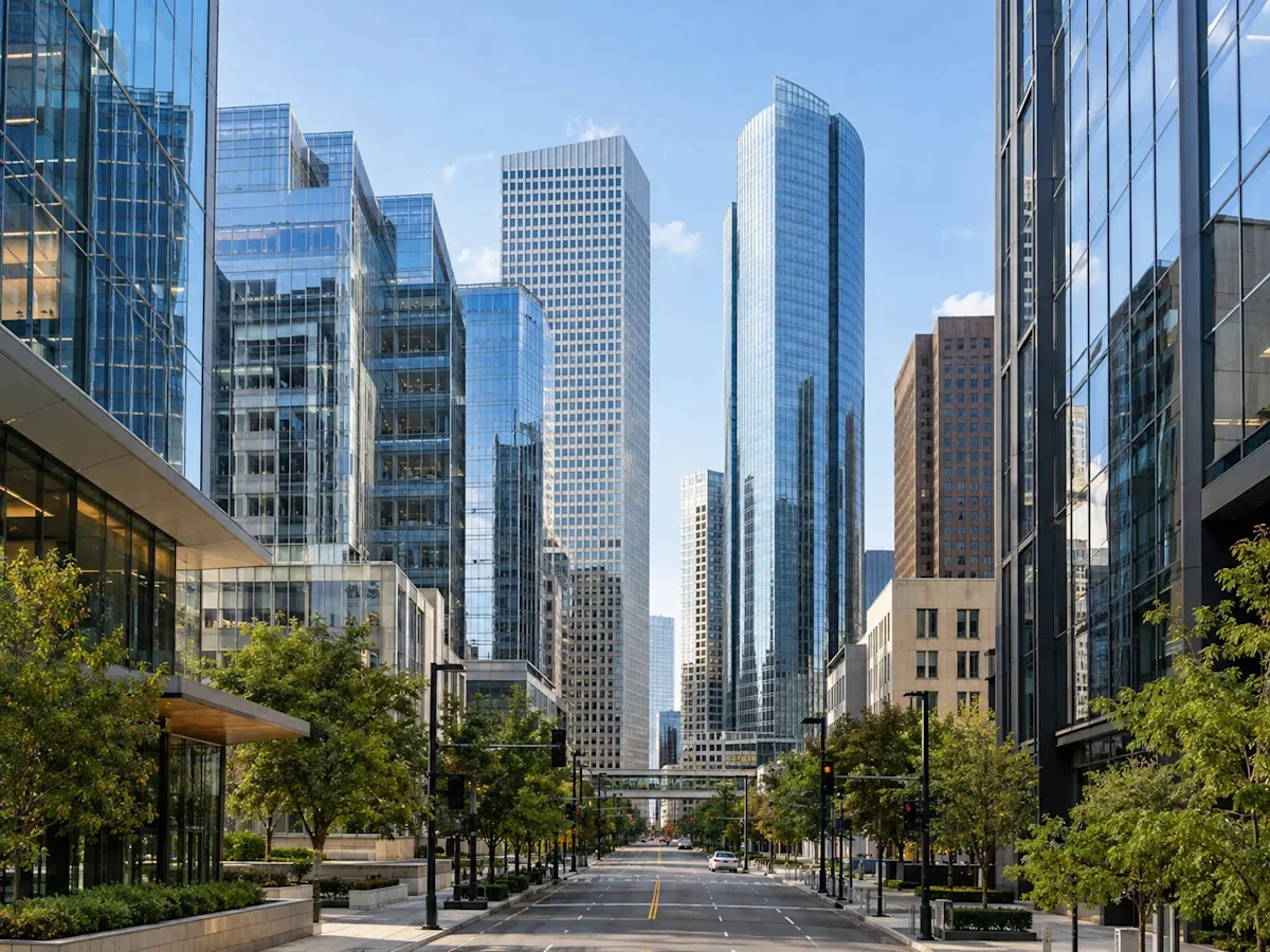 Modern glass office towers line a broad, tree-lined urban boulevard under a clear blue sky.
