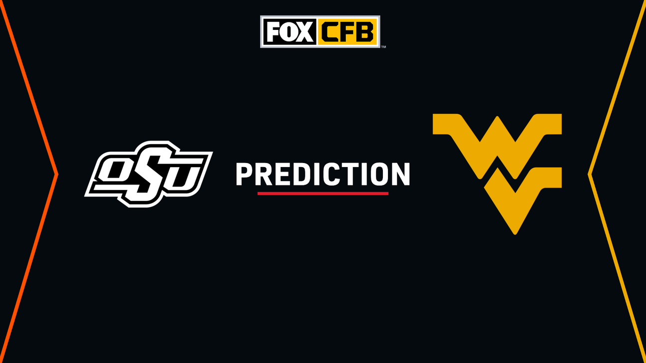 FOX CFB prediction graphic with Oklahoma State and West Virginia logos on a dark background.