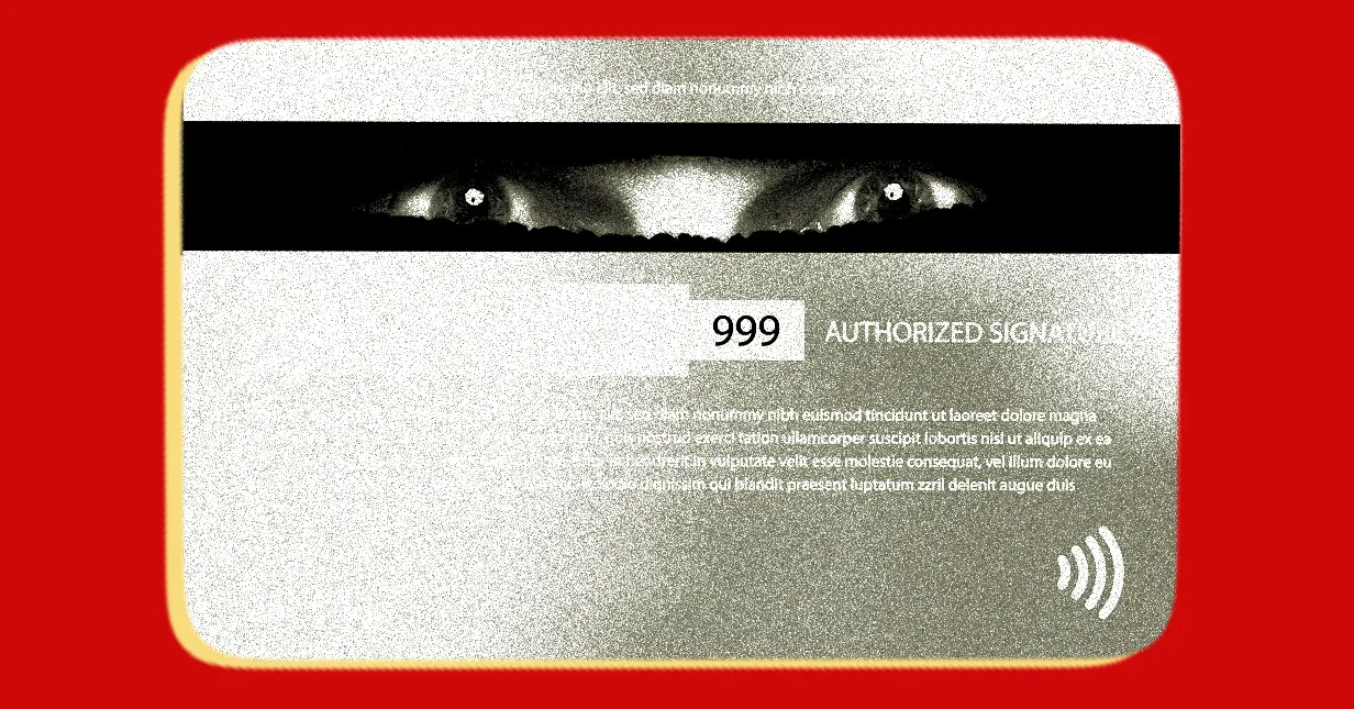 A grainy black-and-white card graphic shows eyes in a dark stripe, the number 999, and contactless waves on red.