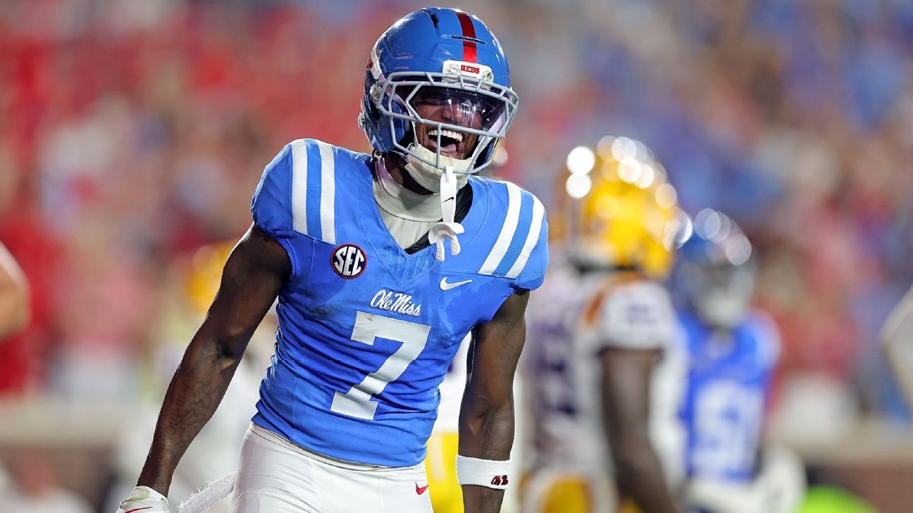 Ole Miss football player wearing No. 7 jersey celebrates during a game.