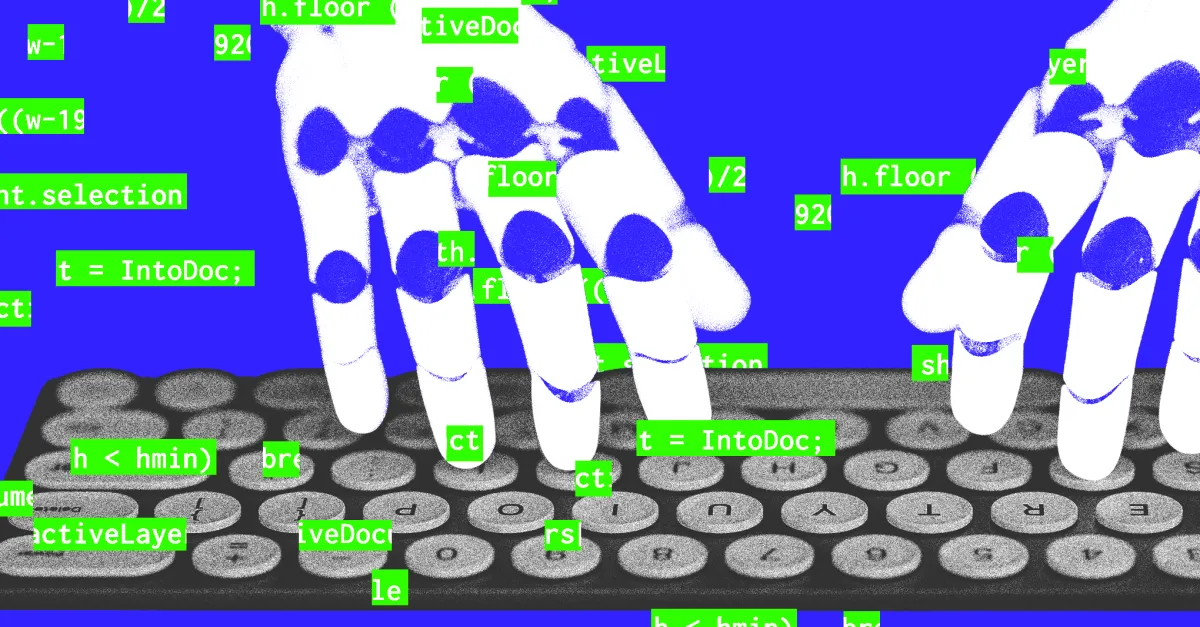 Stylized white robotic hands pressing round typewriter keys against a vivid blue background with code fragments.