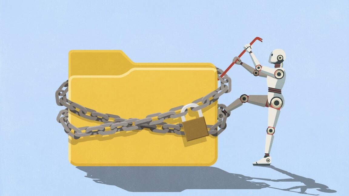 Illustration of a humanoid robot attempting to break a chain around a locked yellow folder.