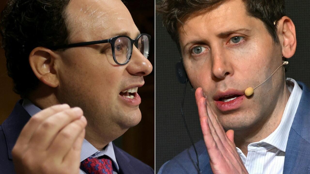 Split image shows two men speaking during separate events, both wearing headsets and formal clothing.