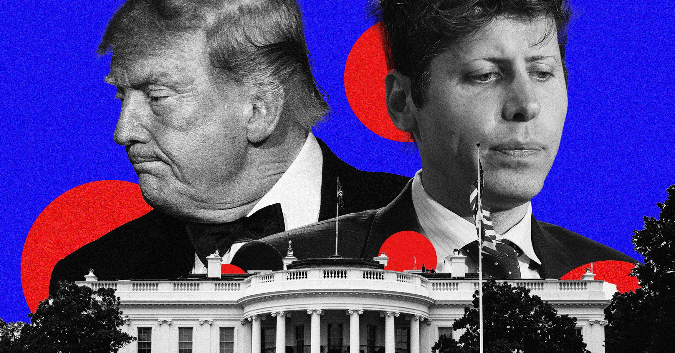 Black-and-white portraits of two men above the White House, against a blue and red graphic background.
