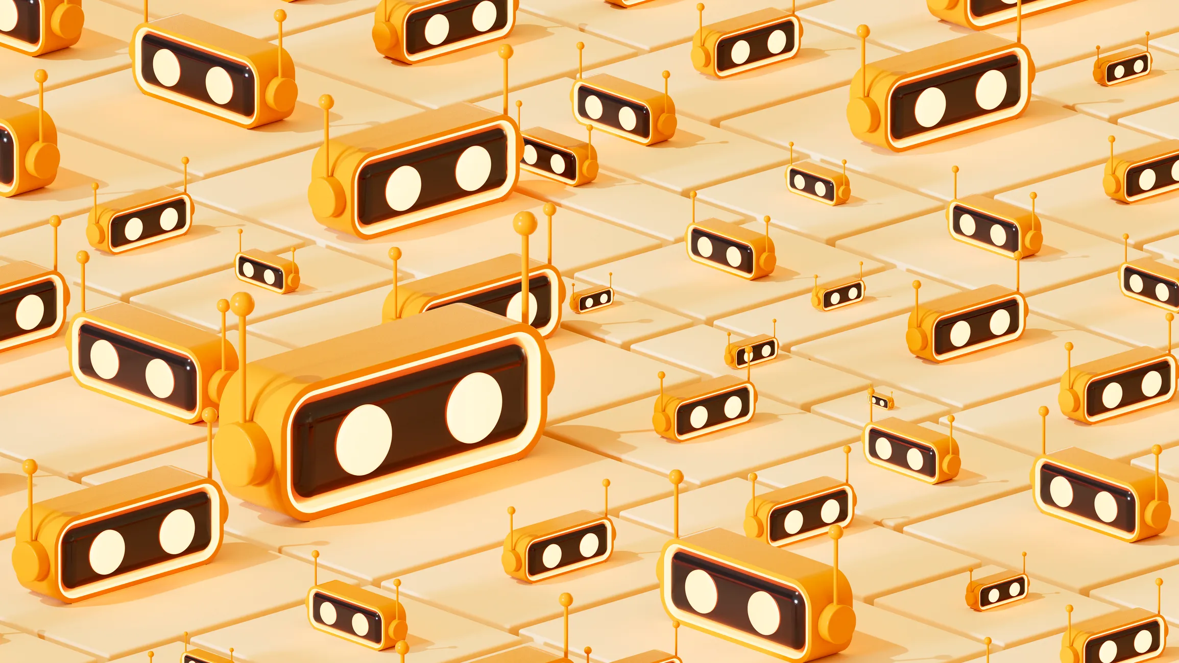 Orange retro robots with antennae are arranged across a tiled floor in a stylized scene.