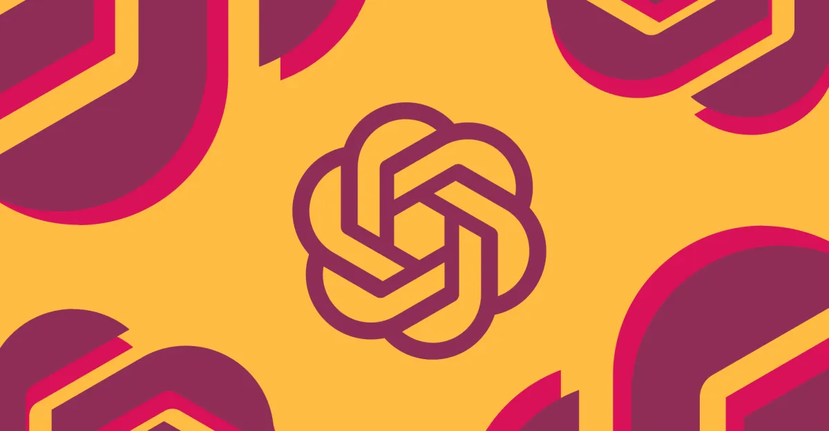 OpenAI logo centered on a yellow background with cropped repeating magenta and burgundy geometric shapes