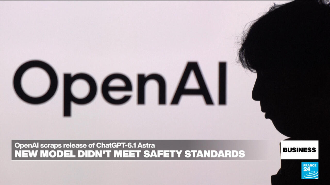 OpenAI logo beside a silhouetted profile, with a France 24 banner reporting the model failed safety standards.