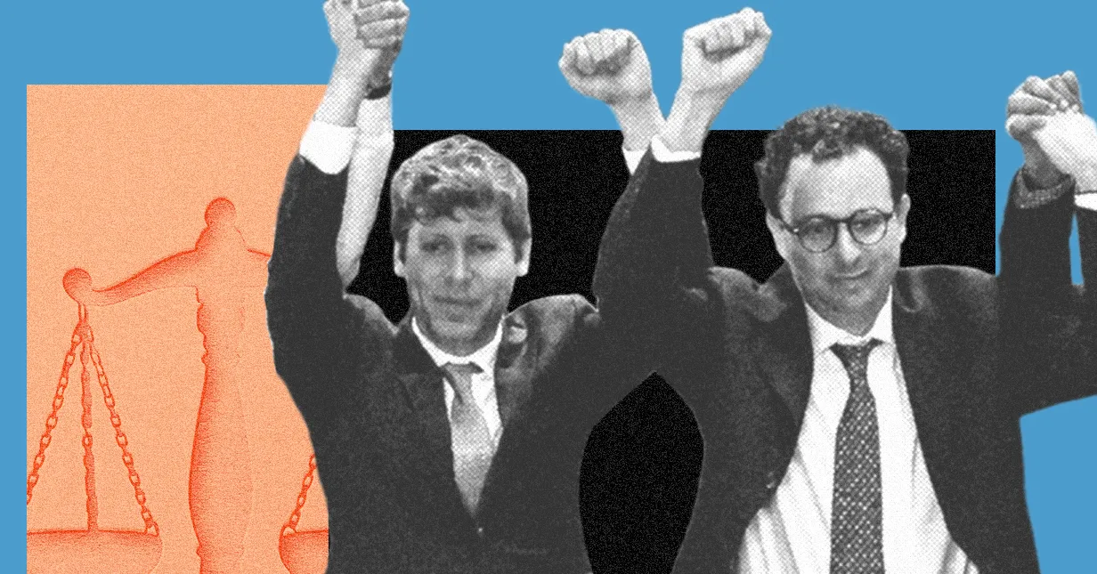 Grainy collage of two suited men raising their arms beside an orange justice scale silhouette.