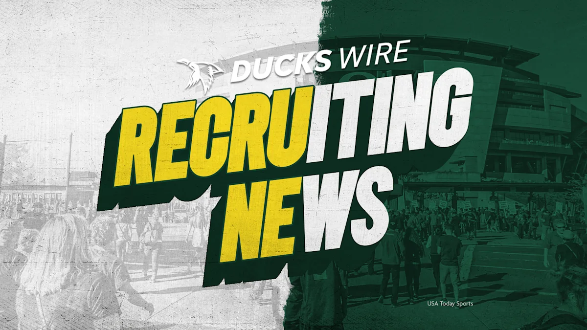 Ducks Wire Recruiting News graphic in Oregon green, yellow, and white over a stadium crowd