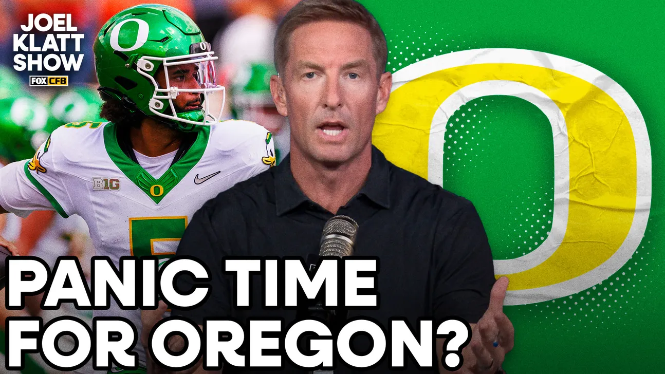 Football player, broadcaster, and Oregon logo appear beneath text asking, “Panic time for Oregon?”