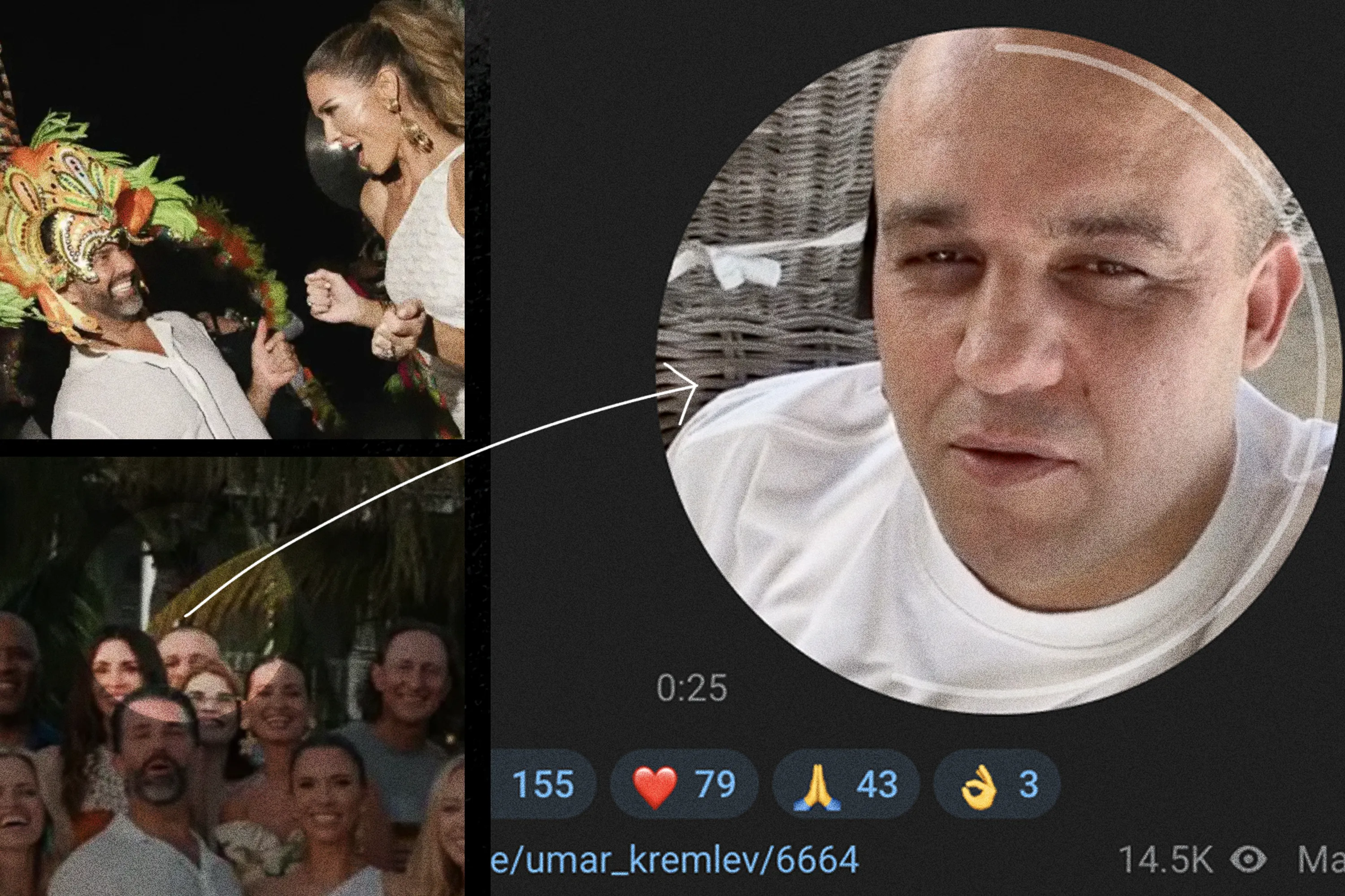Collage shows a wedding celebration, group photograph, and bald man’s social media selfie.