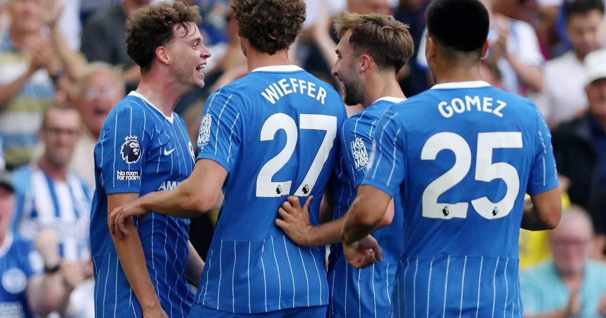 Four footballers in blue jerseys celebrate together, with two shirts displaying the names Wever and Gomez and number 25.