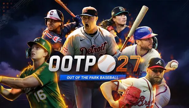 Composite artwork shows baseball players in assorted uniforms surrounding the Out of the Park Baseball 27 logo.