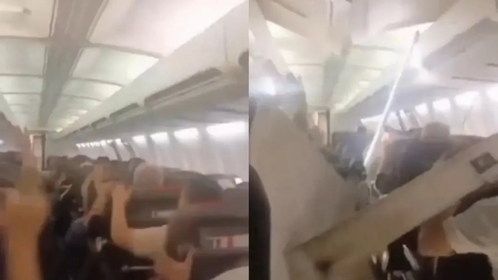 Blurry split-screen view of an airplane cabin with seats, overhead bins and distressed passengers.