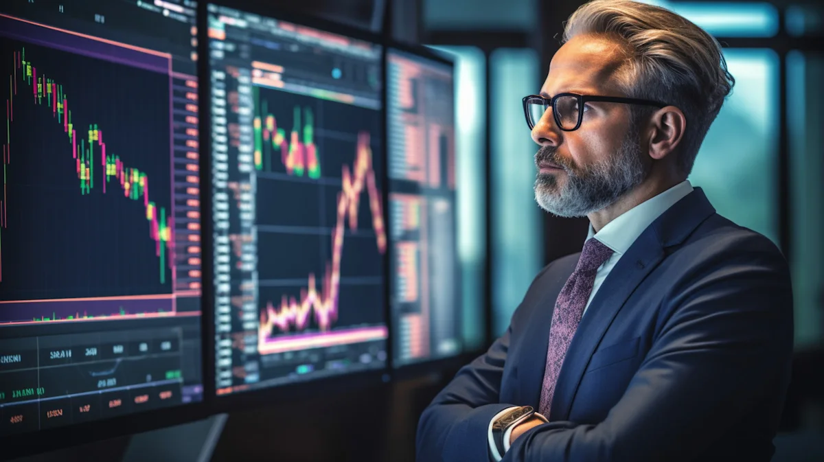 Businessman in suit reviewing colorful stock market charts across multiple computer monitors