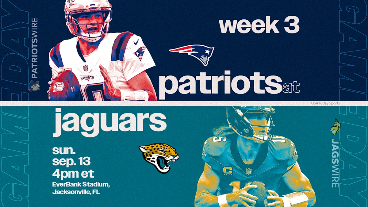 Graphic promotes a Week 3 Patriots at Jaguars game, with players, team logos, and kickoff details.