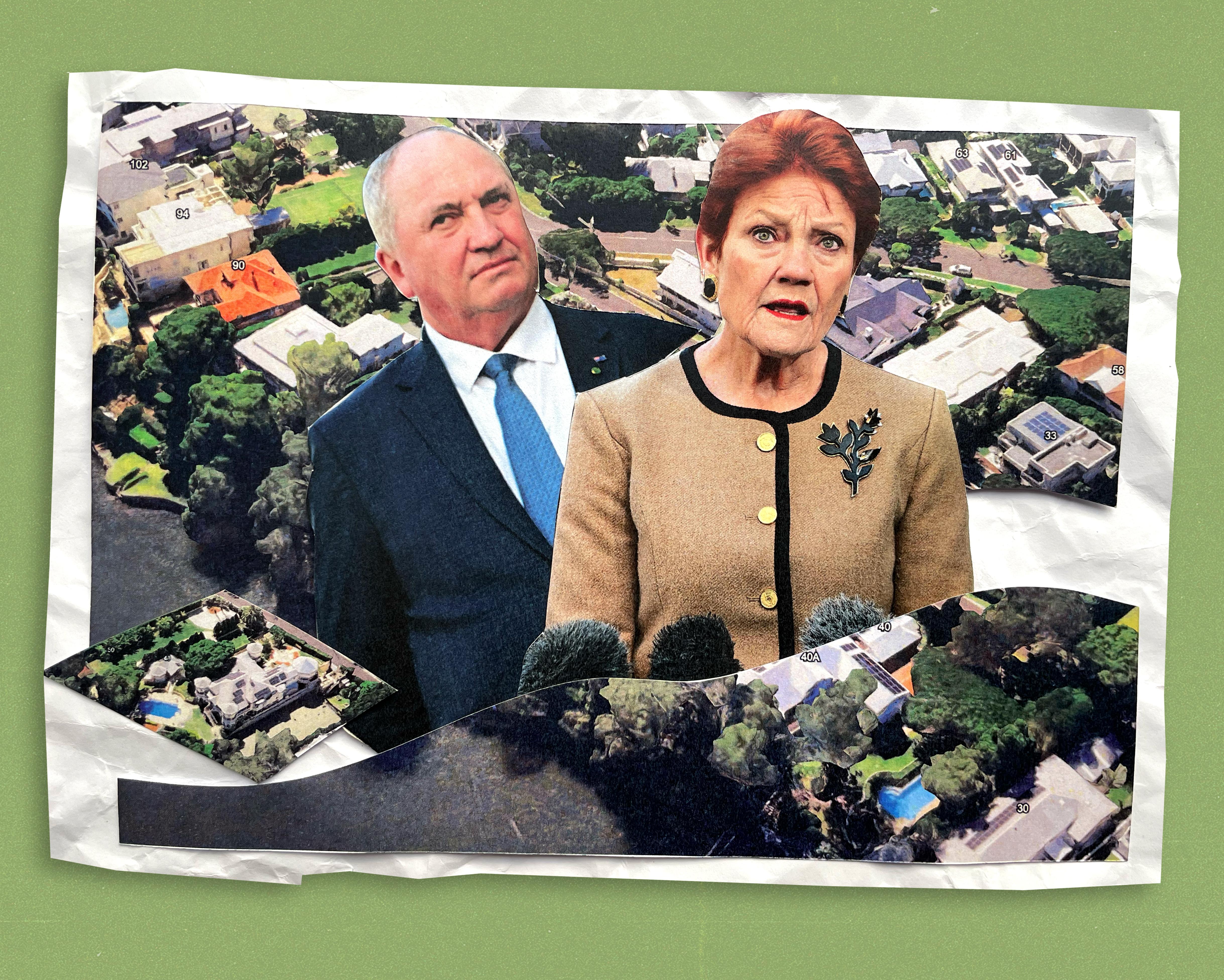 Collage of two politicians standing before aerial images of luxury homes and property markers.