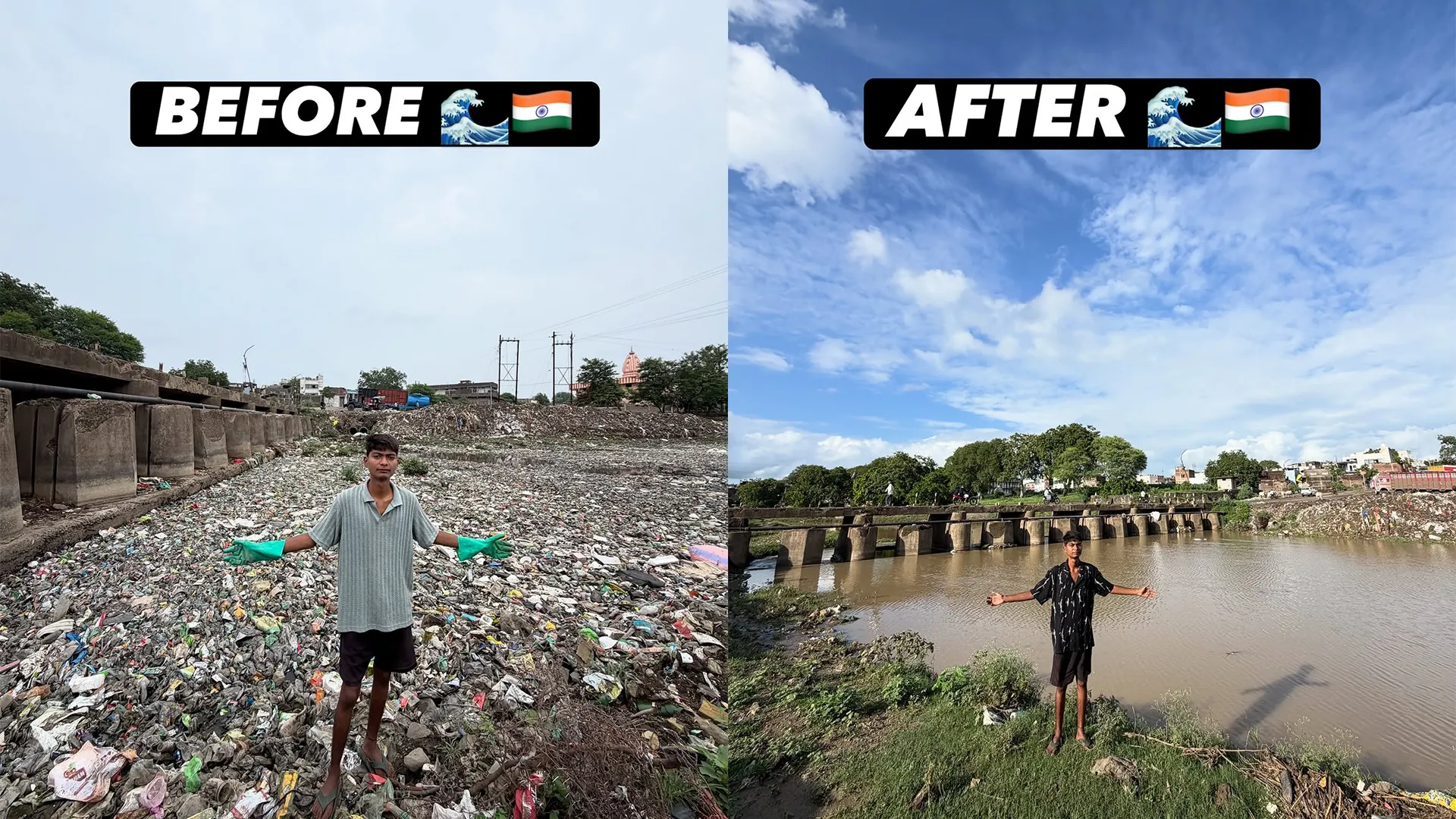 Before-and-after photos show a young man beside a trash-filled river and a cleaner waterway.