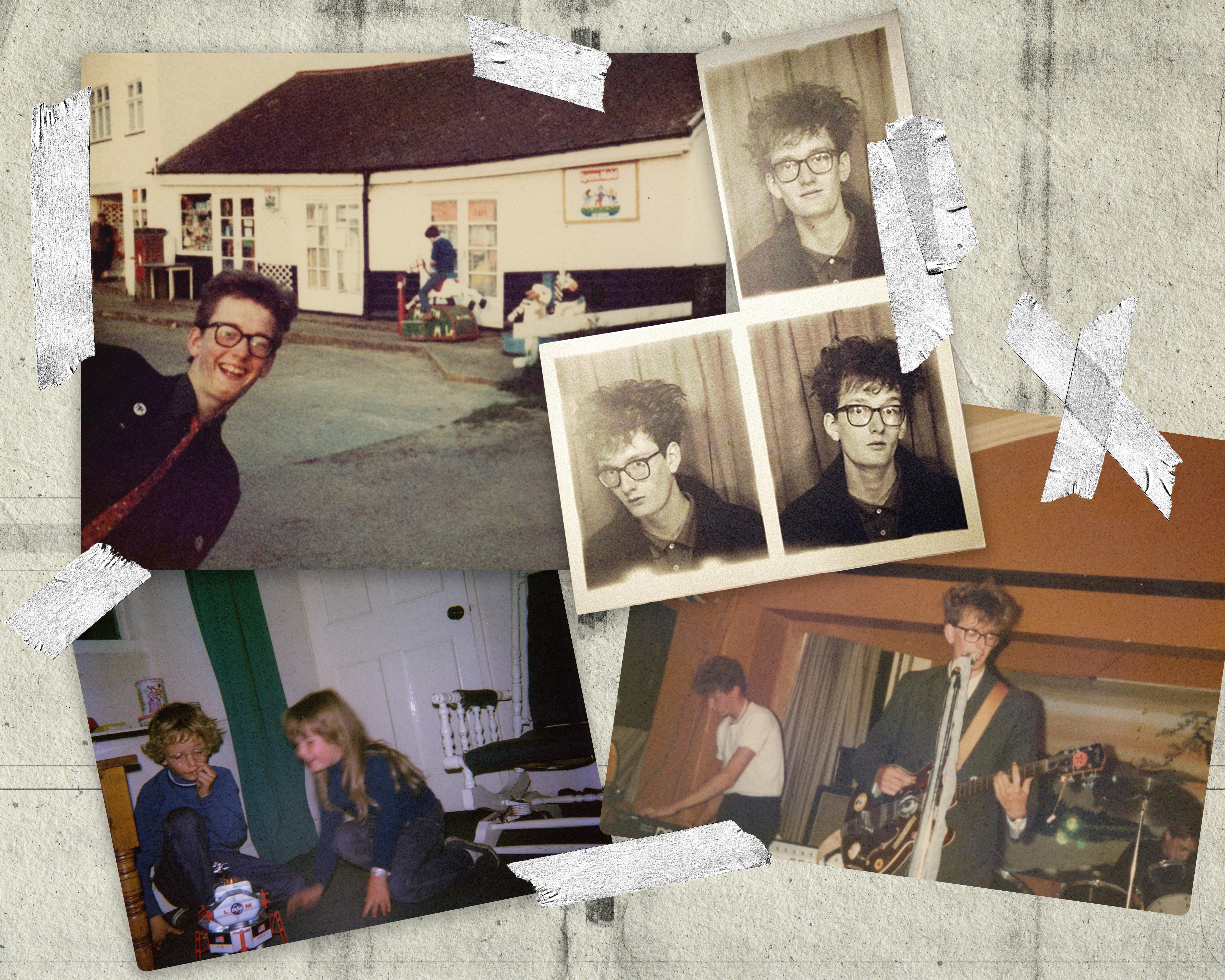 Collage of childhood photographs, portrait images and a young musician performing with a guitar.