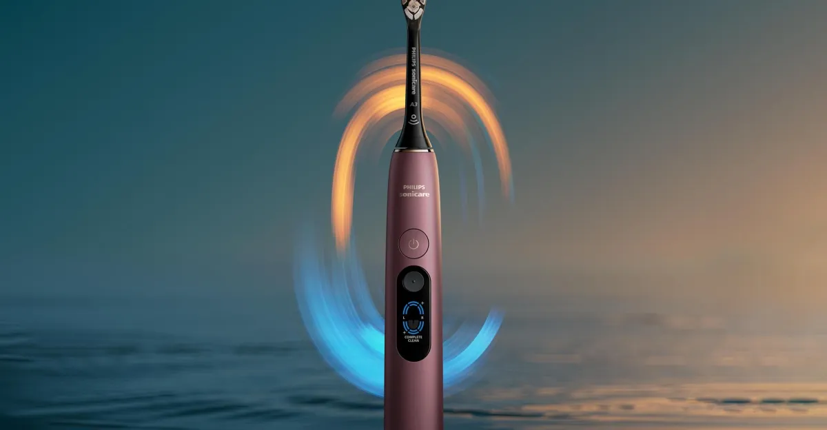 A Philips Sonicare toothbrush stands upright amid glowing blue and orange motion trails.