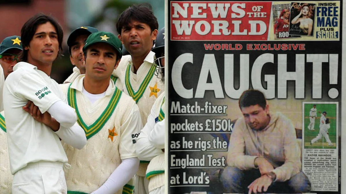 Cricket players in white uniforms beside a newspaper front page alleging match-fixing.