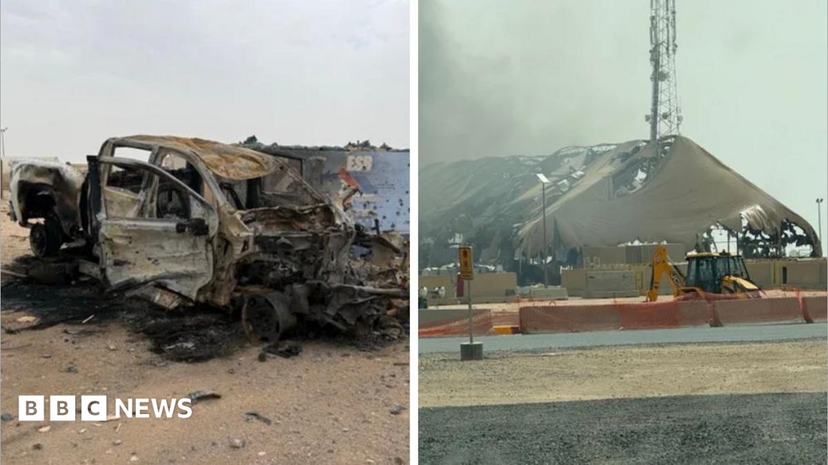 Split image showing a burned-out vehicle and a severely damaged large tent-like structure.