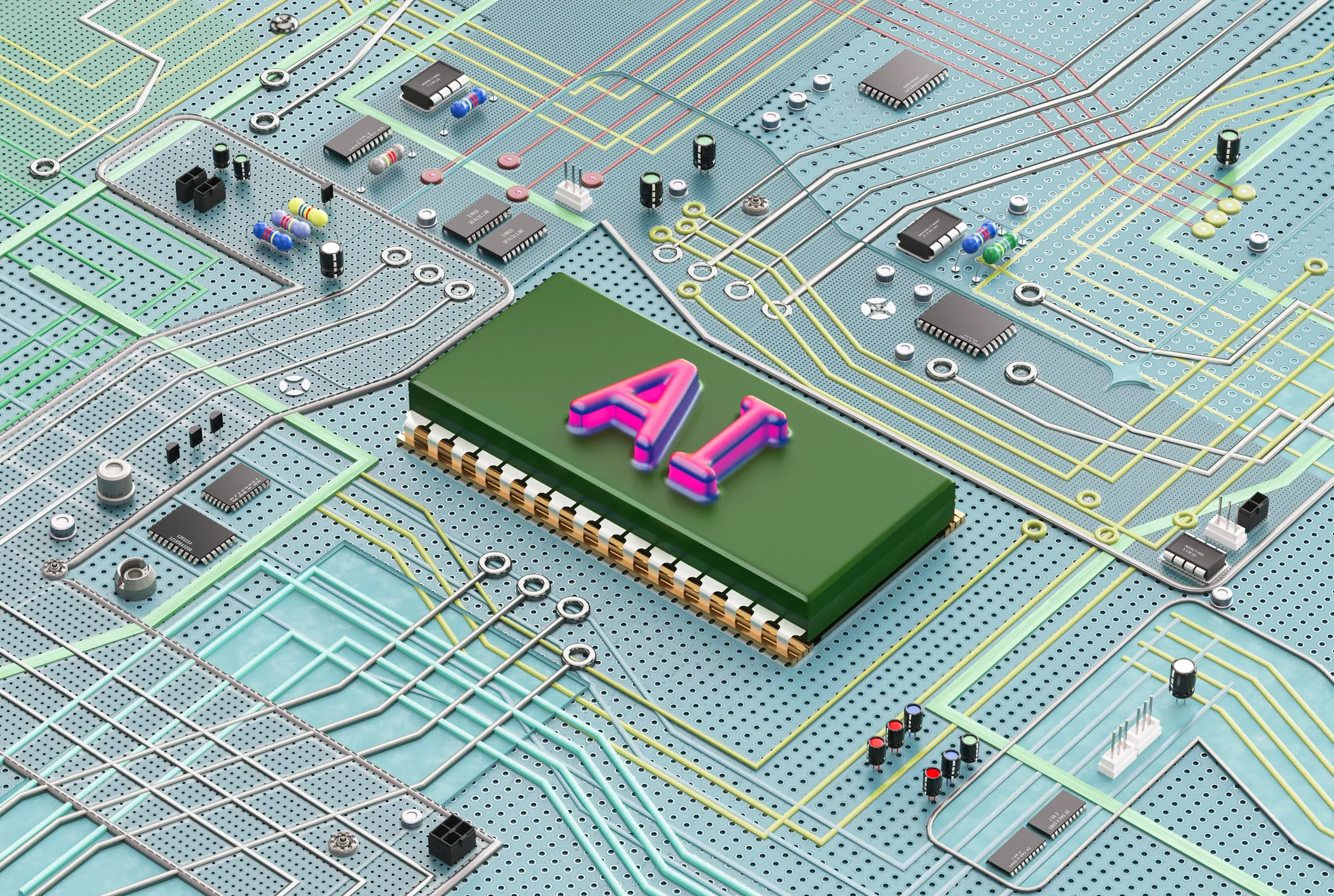 Illustration of a green AI microchip on a circuit board with colorful electronic components and pathways.